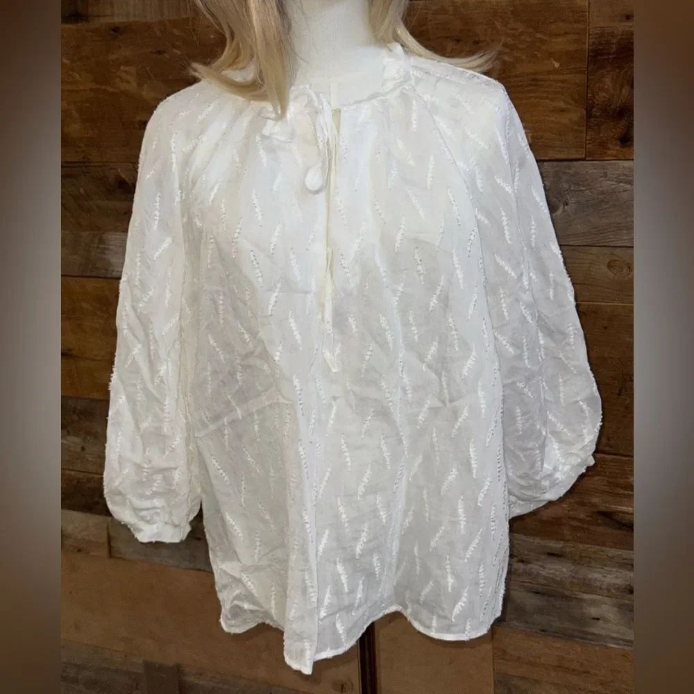 Zara Top with tied ruffled round collar. V-neckline and 3/4 sleeves.NWT SZ L